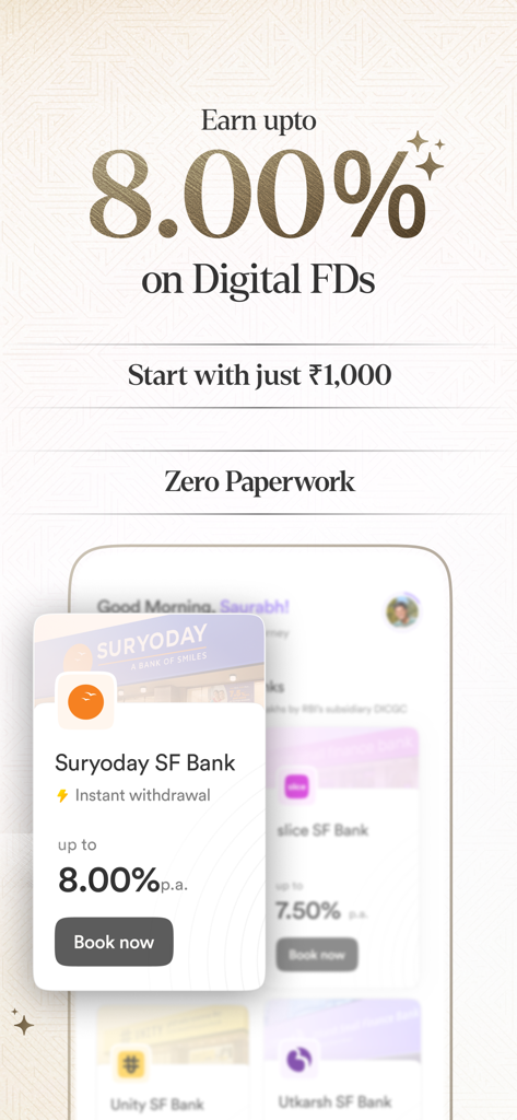 Stable Money app interface displaying 8.00 percent interest on digital fixed deposits with zero paperwork.