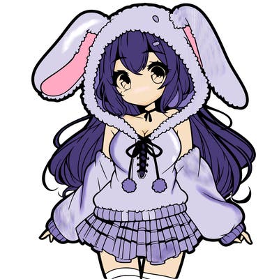 pretty anime girl wearing a fluffy hoodie with bunny ears on the hood and a skirt
