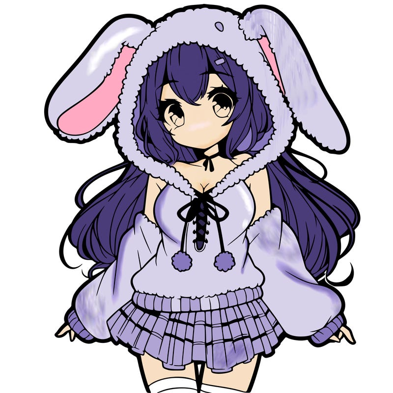 pretty anime girl wearing a fluffy hoodie with bunny ears on the hood and a skirt