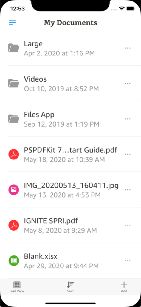 Amazon WorkDocsモバイルインターフェイス。マイドキュメントビューのファイルとフォルダのリストが表示されます。