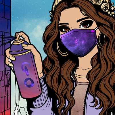 realistic girl with a spray paint and behind a wall and wearing a mask