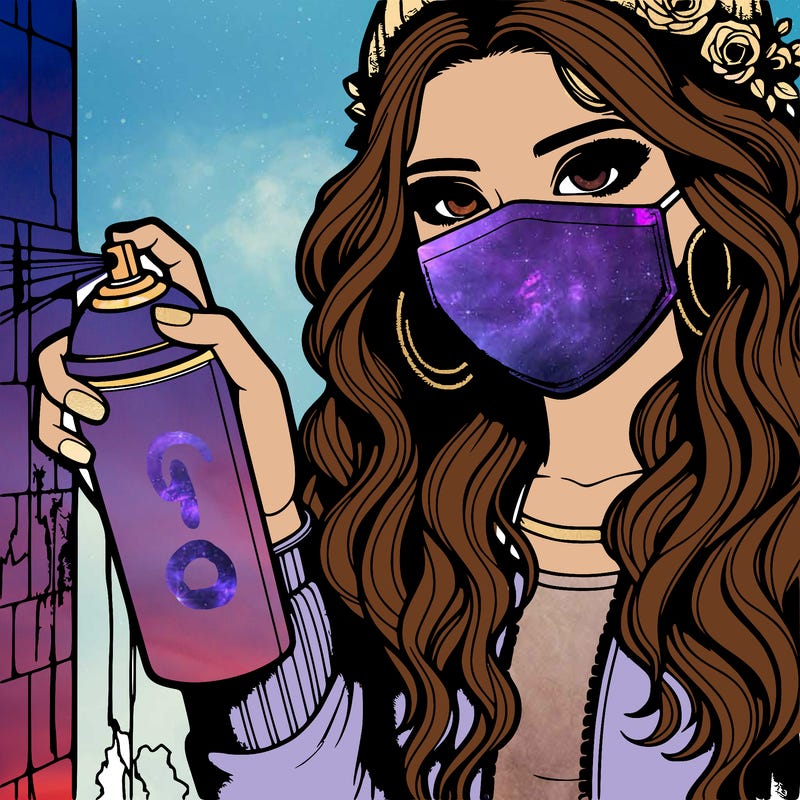 realistic girl with a spray paint and behind a wall and wearing a mask