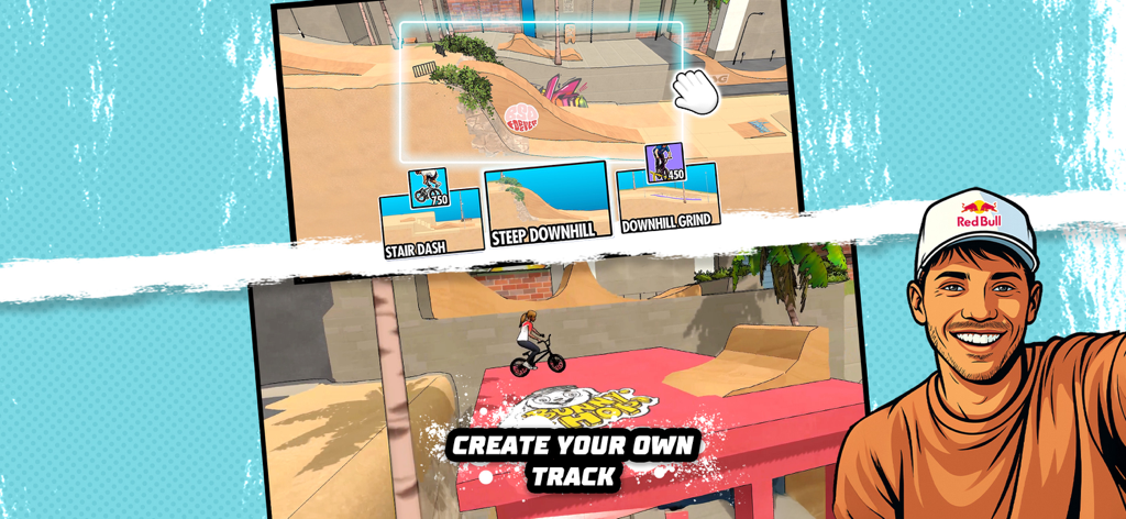 Red Bull Playgrounds - Interface of the track builder feature in Red Bull Playgrounds with a BMX rider and obstacle options