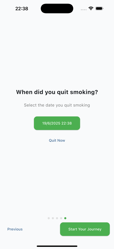 A setup screen in the Quit Smoking app asking users to select the date and time they quit smoking.