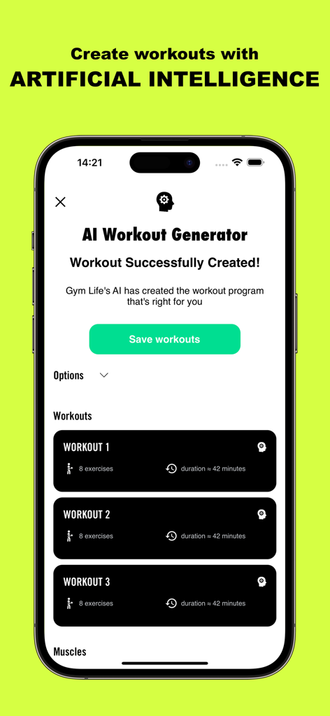 Interfaz de la aplicación Gym Life que muestra la pantalla del Generador de Entrenamientos con IA con una lista de rutinas de entrenamiento diarias personalizadas.