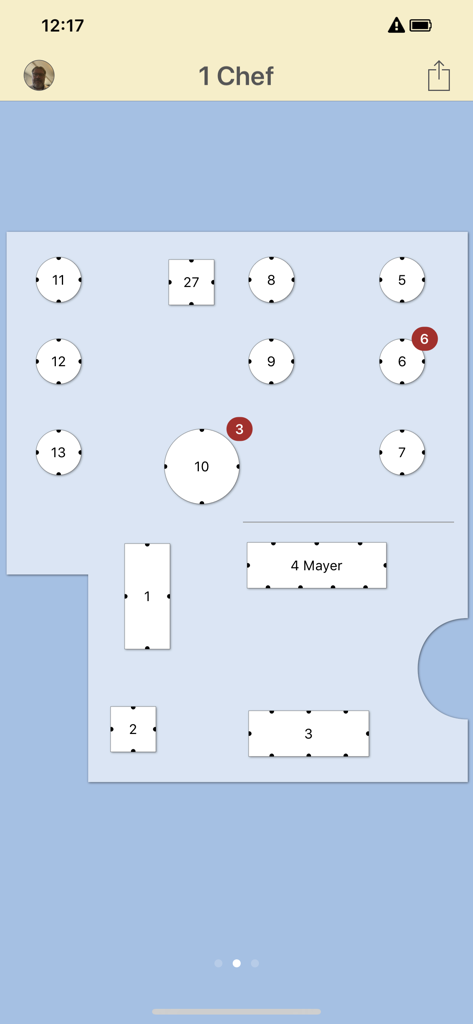 Graphical floor plan interface in the Posmatic app showing numbered tables and real time status indicators for restaurant management