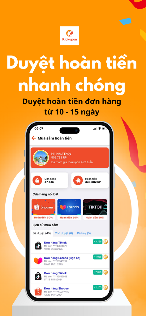 Riokupon : Cashback & Reward - Dashboard of Riokupon app showing earned reward points and purchase history from Shopee and TikTok Shop
