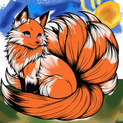 realistic detailed 9 tailed anime fox