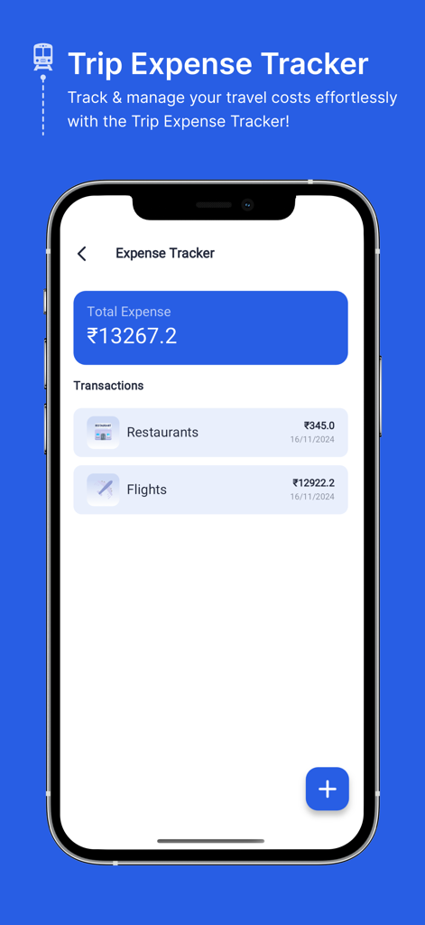 Where is my Train Live Status - iPhone画面に、取引履歴と合計費用（インド・ルピー）を表示する旅行費用トラッカー機能が表示されています