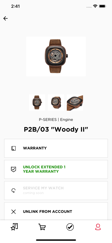 Pantalla de la app SEVENFRIDAY mostrando los detalles del reloj P2B-03 Woody II y opciones de registro de garantía