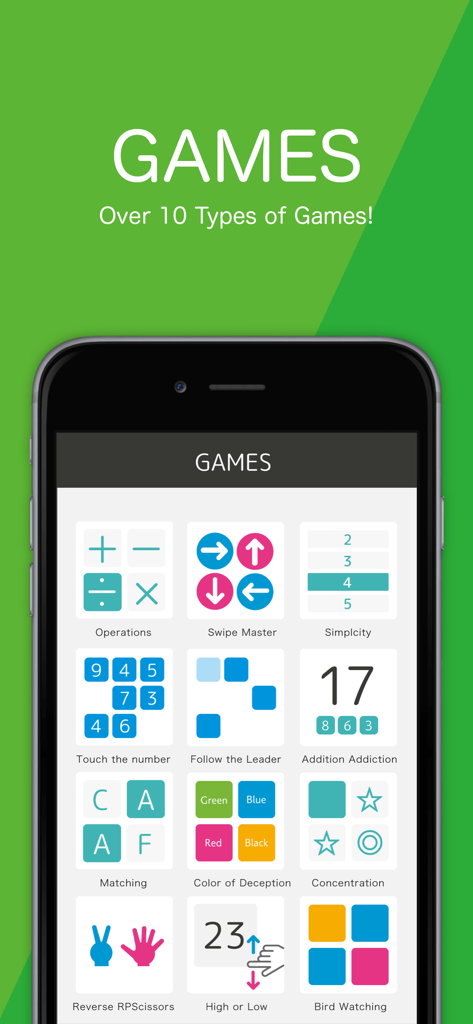 Brain Wars - A menu displaying various brain training mini-games such as Operations and Swipe Master in the Brain Wars app