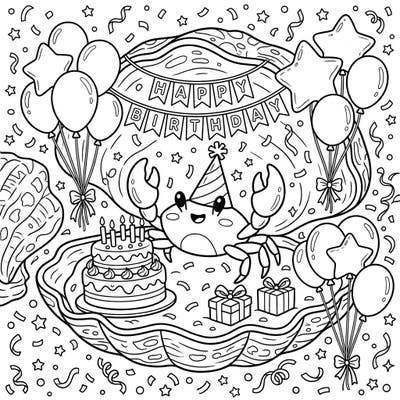 Get ready to color a delightful underwater birthday party! This charming page features a cheerful pea crab celebrating with balloons, cake, and gifts inside a beautiful shell.