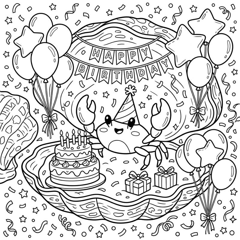 Get ready to color a delightful underwater birthday party! This charming page features a cheerful pea crab celebrating with balloons, cake, and gifts inside a beautiful shell.