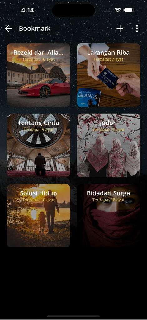 Quran Best Indonesia - Bookmark screen of the Quran Best Indonesia app showing categorized collections of Quranic verses for various life topics.