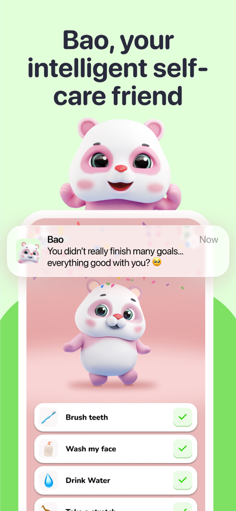 Friends – Raise AI Companions - Bao, der rosa Panda KI-Begleiter, hilft bei Selbstpflegezielen wie dem Trinken von Wasser