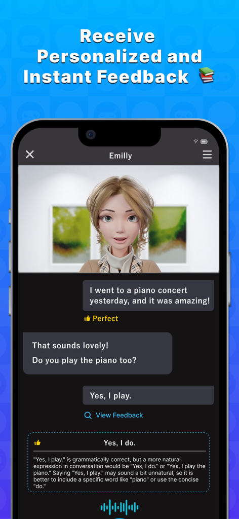 Speak English with Talkful AI - Interface of Talkful AI showing an AI tutor giving instant grammar and natural expression feedback on a user conversation