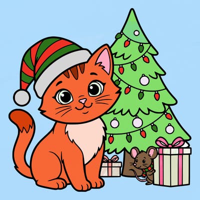 christmas kitten with a santa hat and a christmas tree with lights with a mouse