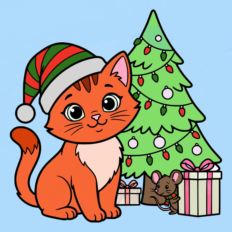 christmas kitten with a santa hat and a christmas tree with lights with a mouse