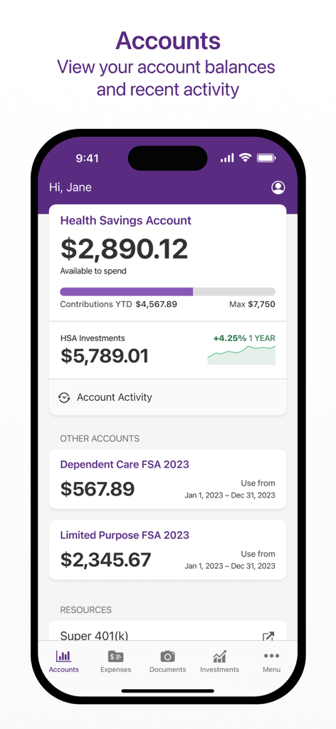 HealthEquity Mobile - Panel de la aplicación HealthEquity Mobile que muestra los saldos de las cuentas HSA y FSA.