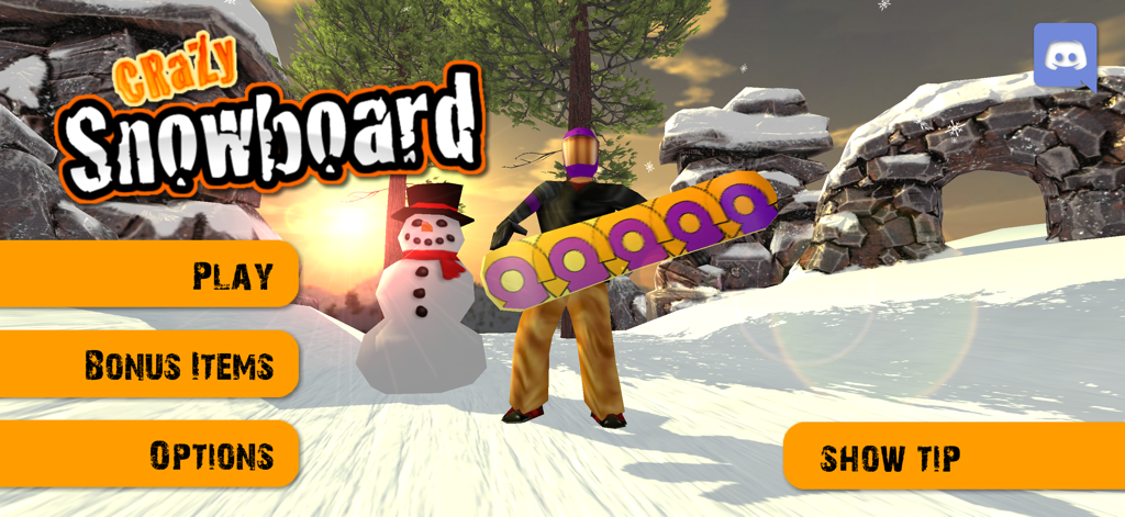 Crazy Snowboard - Main menu of the Crazy Snowboard mobile game featuring a character and a snowman