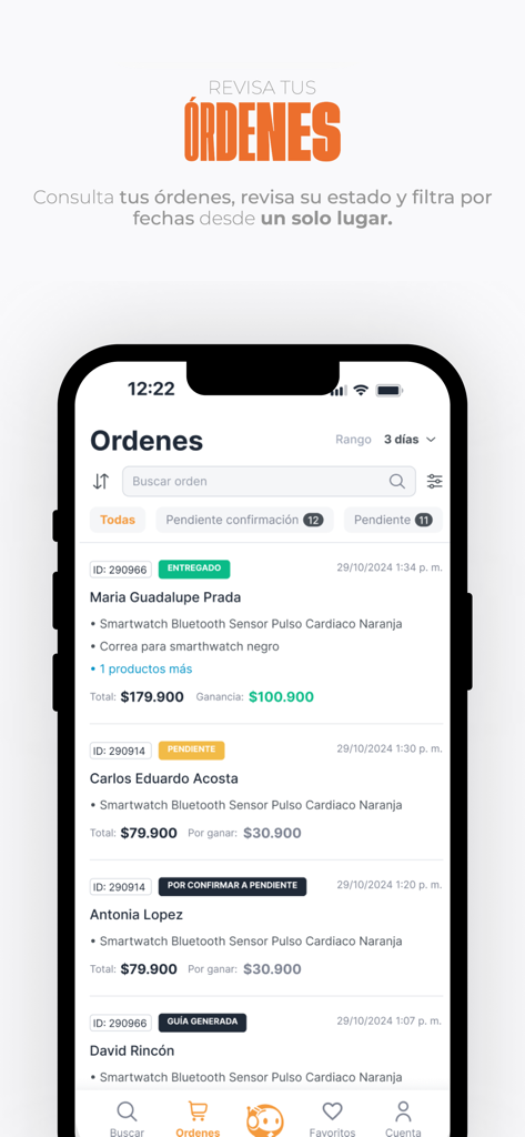 Dropi App - Dropiアプリの注文管理ダッシュボードを表示するモバイル画面。顧客名、配送状況、利益計算などが表示されています。