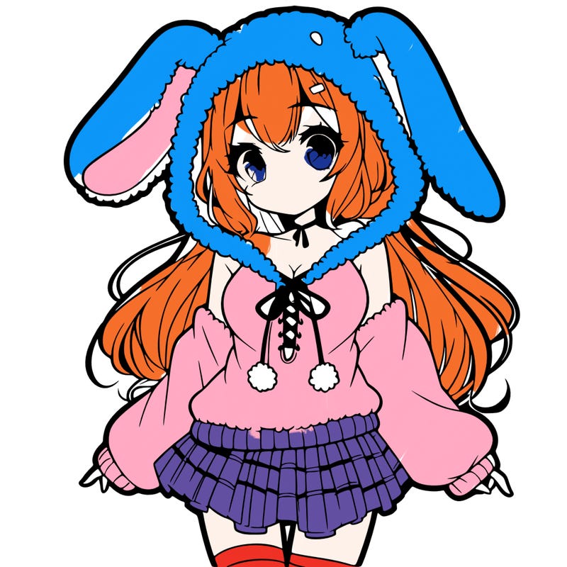 pretty anime girl wearing a fluffy hoodie with bunny ears on the hood and a skirt