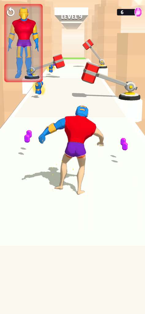 A superhero character running on a platform avoiding swinging hammers to collect armor pieces