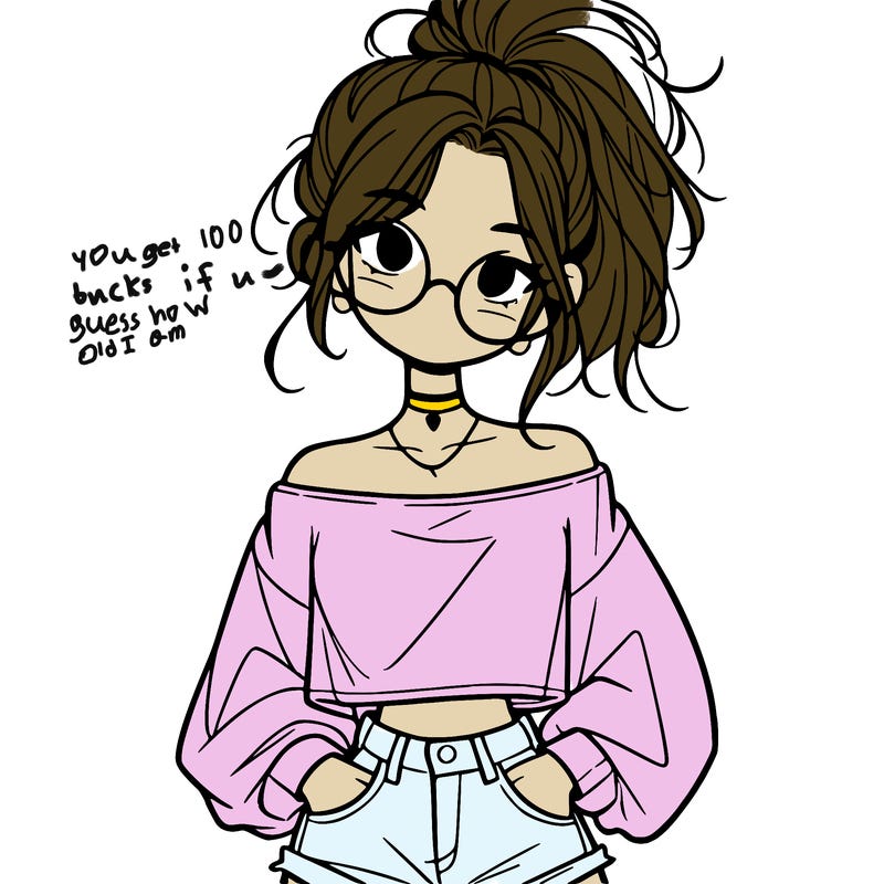 girl with a messy ponytail glasses a baggy crop top and jean shorts