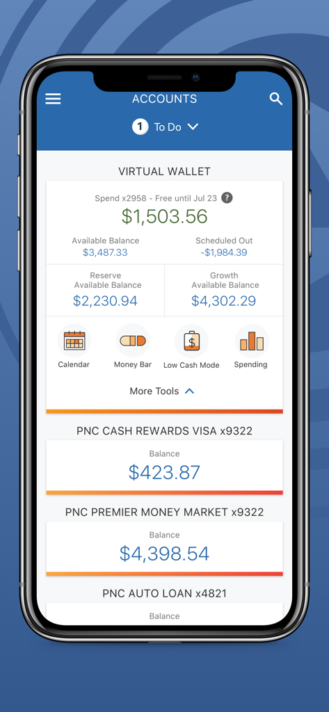 PNC Mobile Banking App-Kontoübersicht mit Virtual Wallet-Kontostand und Finanztools
