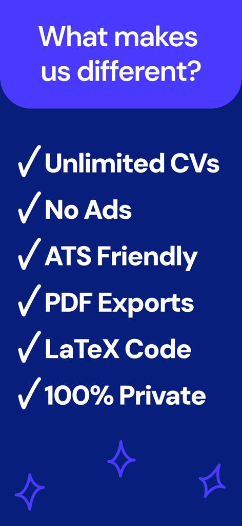 CV Maker - PDF + LaTeX - A list of features for the CV Maker app including Unlimited CVs, No Ads, ATS Friendly, PDF Exports, and LaTeX Code.