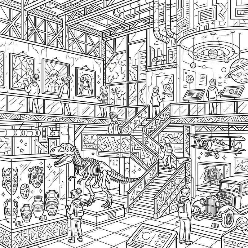Embark on an epic coloring journey through a vibrant museum, specially crafted for teens. Discover fascinating exhibits from ancient history to modern art, all waiting for your creative touch.