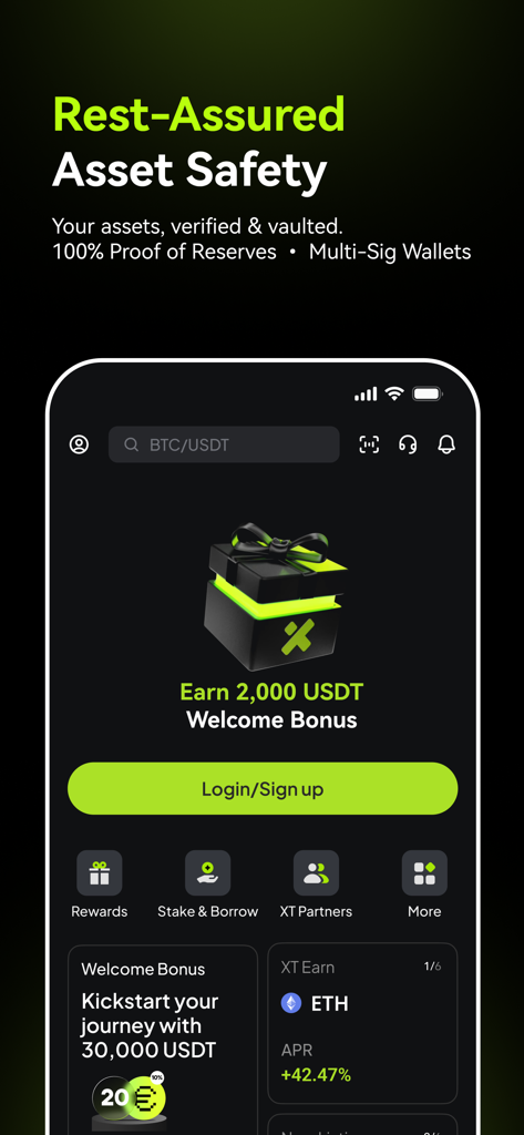 XT.com: Buy Bitcoin & Ethereum - XT.com app interface highlighting asset safety with proof of reserves and a 2000 USDT welcome bonus