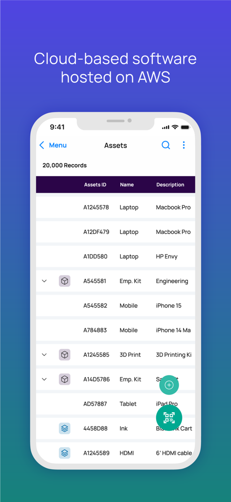 Asset Panda Pro mobile app screen showing a list of asset records hosted on AWS cloud