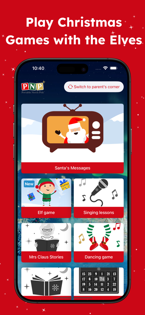 クリスマスのゲーム、ミス・クロースのお話、サンタのメッセージが掲載されたポータブル・ノース・ポールアプリの画面。