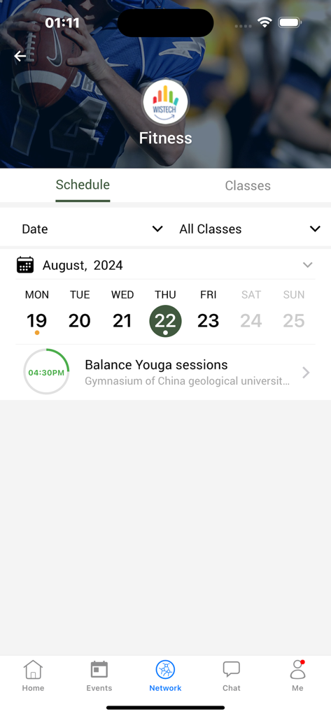 A mobile interface of the IMLeagues app showing a fitness class schedule for yoga sessions on a calendar
