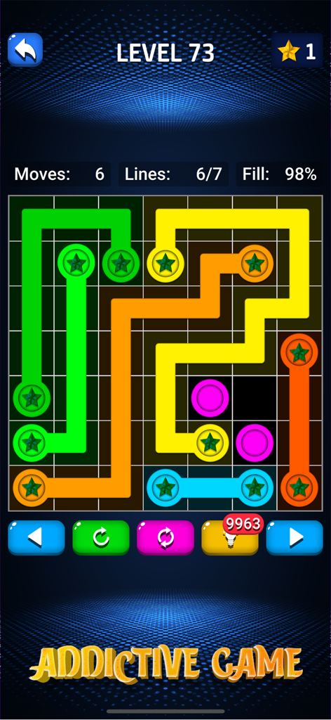 Connect Dots Color Matching puzzle gameplay showing colorful lines connecting matching dots on a grid at level 73