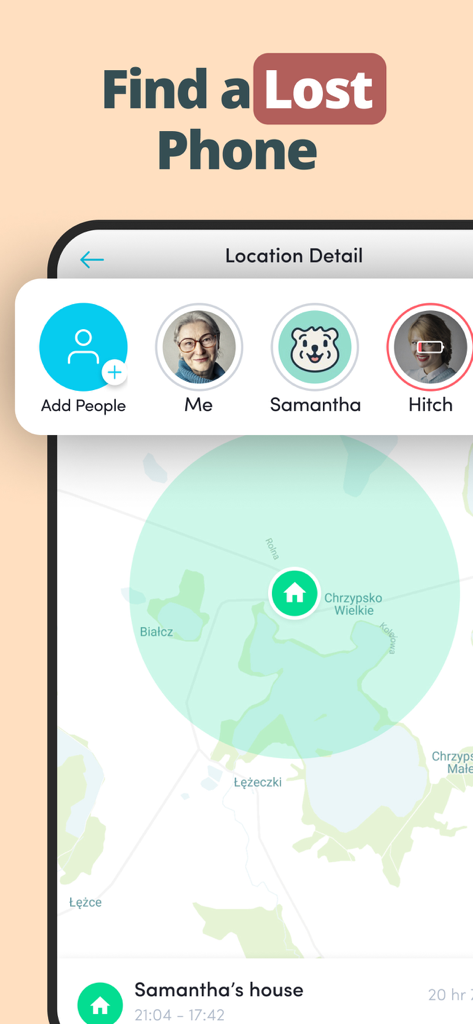 Family Friend Locator: Carpin - The Carpin app interface showing family members on a map and a feature to find a lost phone