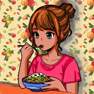 a realistic girl, eating food