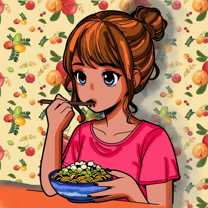 a realistic girl, eating food
