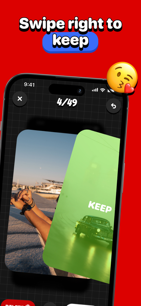 CleanCam - Photo Cleaner App - CleanCam app interface showing a swipe right gesture to keep a photo