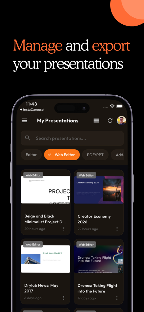 MagicSlides AI - Vue du tableau de bord de l'application MagicSlides IA montrant une collection de diaporamas sauvegardés prêts à être gérés et exportés.
