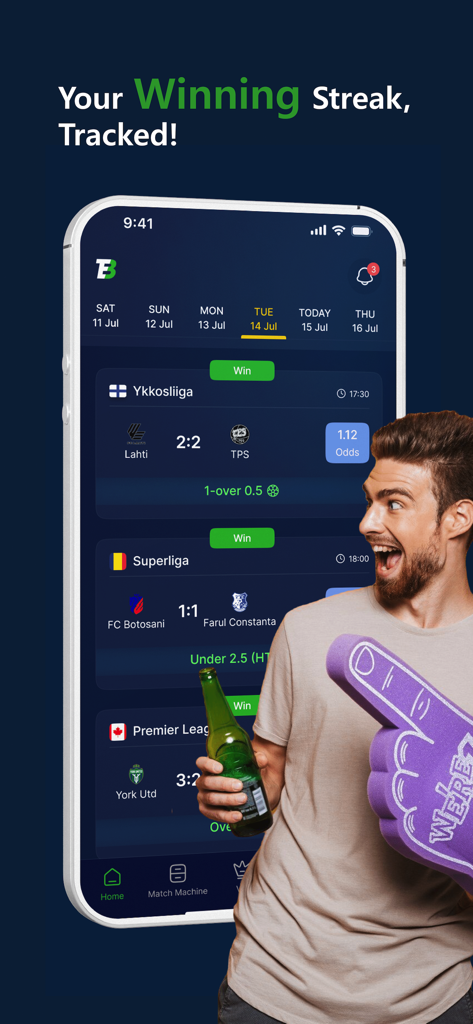 Enki's Football Stats - Aplicación Estadísticas de Fútbol de Enki mostrando resultados de partidos y seguimiento de rachas ganadoras para análisis deportivo.