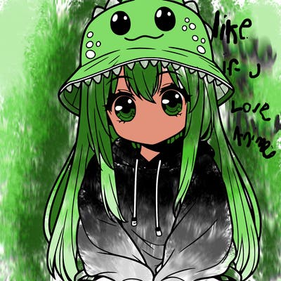 girl with anime shaped eyes with a dinosaur bucket hat oversized sweatshirt long straight hair