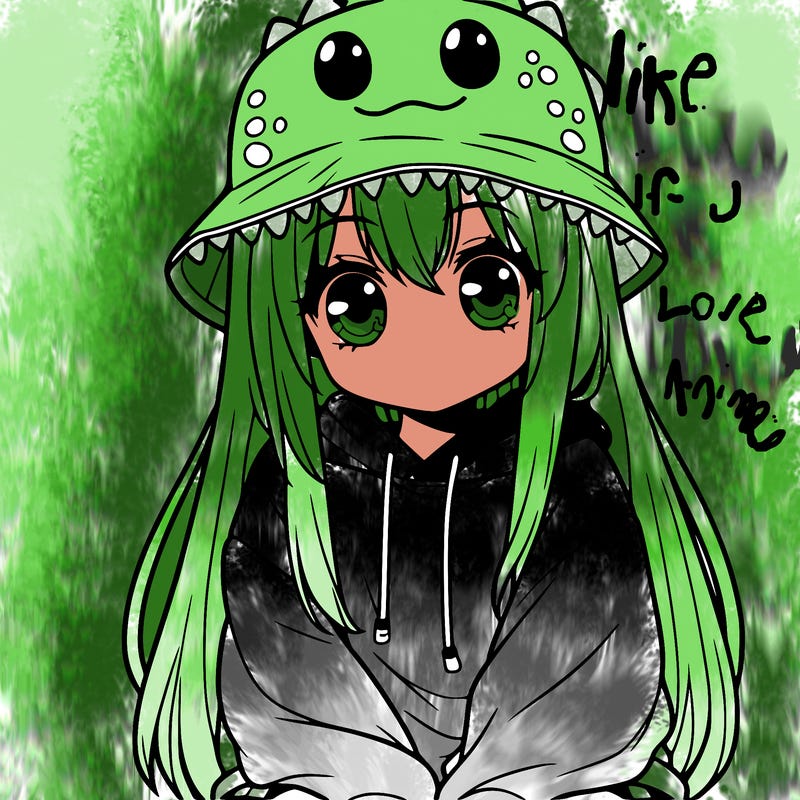 girl with anime shaped eyes with a dinosaur bucket hat oversized sweatshirt long straight hair