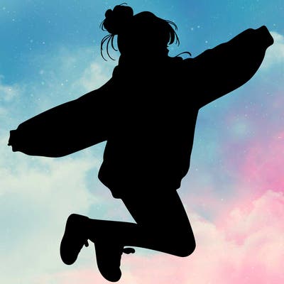 realistic girl jumping with a bun and oversized sweatshirt