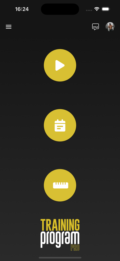 Training Program PRO - Main menu of Training Program PRO app showing workout, calendar, and measurement icons on a dark interface.