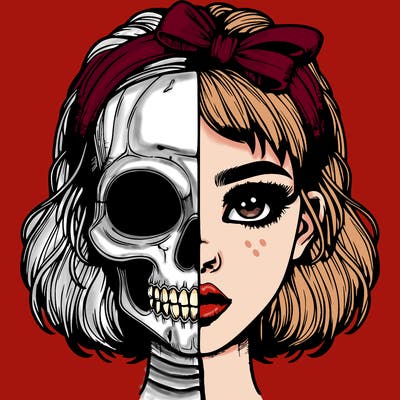 realistic girl with half skull mask
