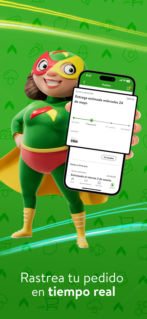 Mama Lucha mascot holding a smartphone showing real-time order tracking on the Bodega Aurrera app