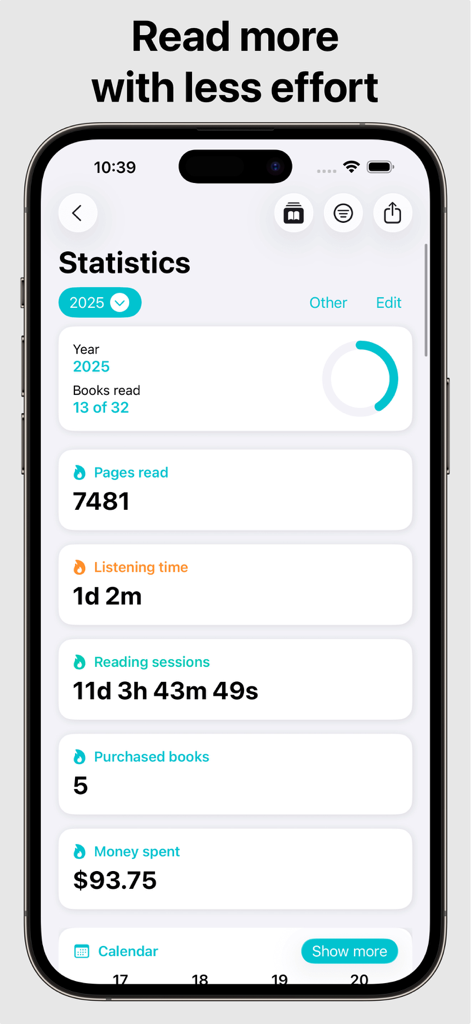 Book Tracker: Bookshelf log - Detailed annual reading statistics dashboard showing books read and pages completed.