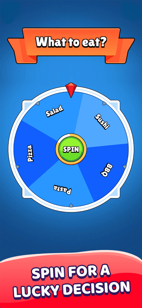 PartyFun: Finger Chooser Games - Una colorida rueda de decisión en la aplicación PartyFun con varias opciones de comida y un botón central para girar